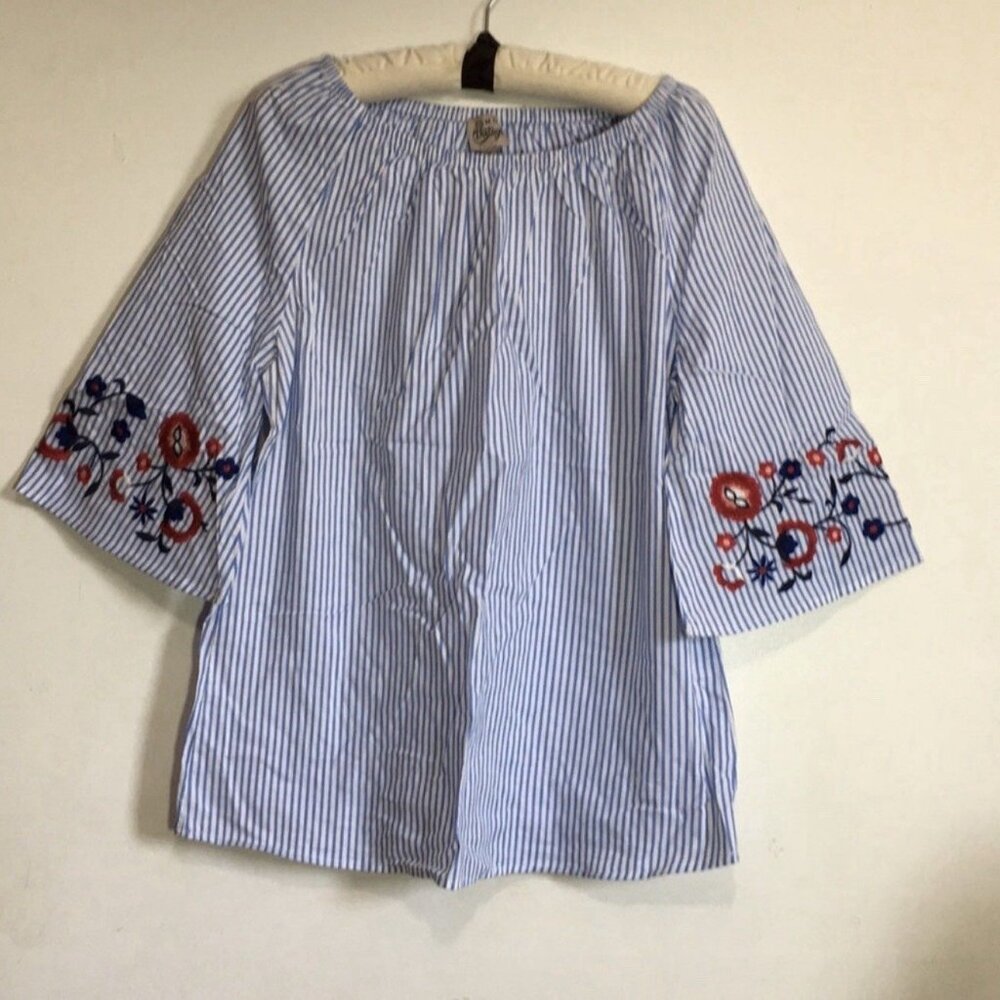 Blue And White Stripe Blouse With Floral Embroidery Size large